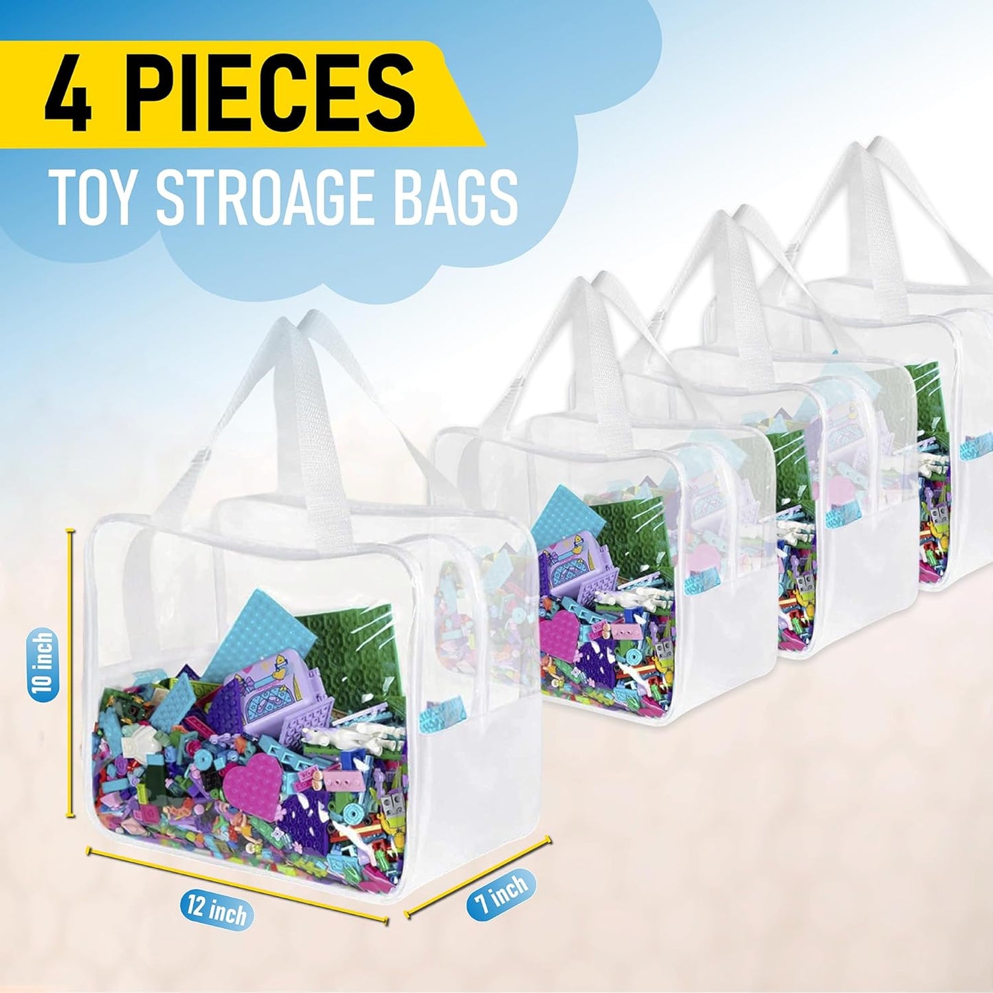 4pcs Large Toy Storage Clear Bags with Heavy Duty Zipper 𝟏𝟐"×𝟏𝟎"×𝟕" Plastic Bag with Handle, Toy Organizer for Kids Playroom, Puzzle, Blocks, Crafts, Stuffed Animal Storage (White)