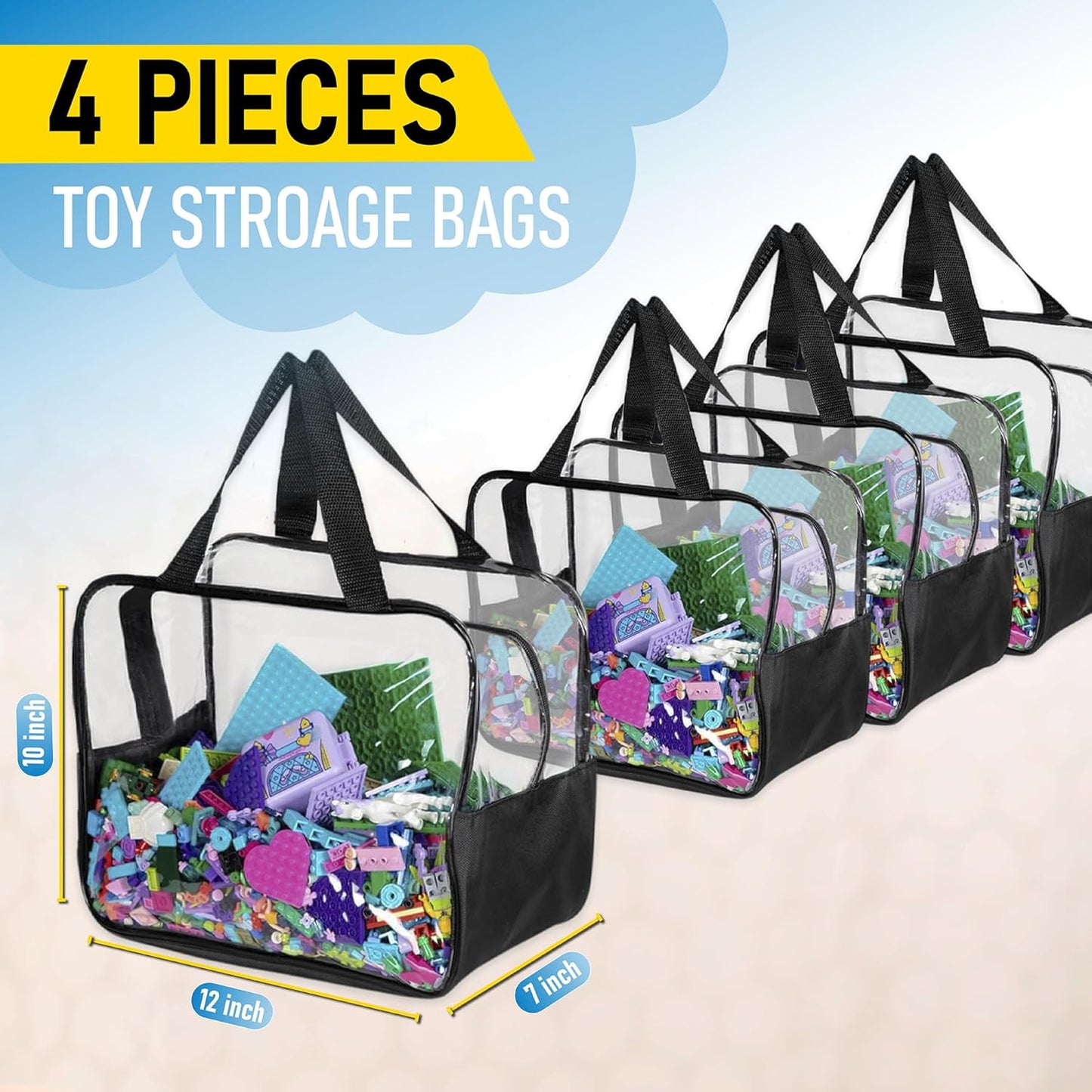 4pcs Large Toy Storage Clear Bags with Heavy Duty Zipper 𝟏𝟐"×𝟏𝟎"×𝟕" Plastic Bag with Handle, Toy Organizer for Kids Playroom, Puzzle, Blocks, Crafts, Stuffed Animal Storage (Black)