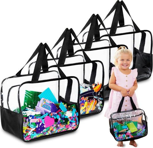 4pcs Large Toy Storage Clear Bags with Heavy Duty Zipper 𝟏𝟐"×𝟏𝟎"×𝟕" Plastic Bag with Handle, Toy Organizer for Kids Playroom, Puzzle, Blocks, Crafts, Stuffed Animal Storage (Black)