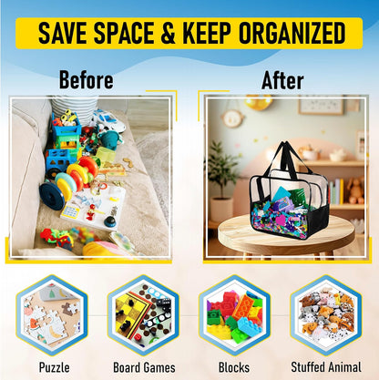 4pcs Large Toy Storage Clear Bags with Heavy Duty Zipper 𝟏𝟐"×𝟏𝟎"×𝟕" Plastic Bag with Handle, Toy Organizer for Kids Playroom, Puzzle, Blocks, Crafts, Stuffed Animal Storage (White)