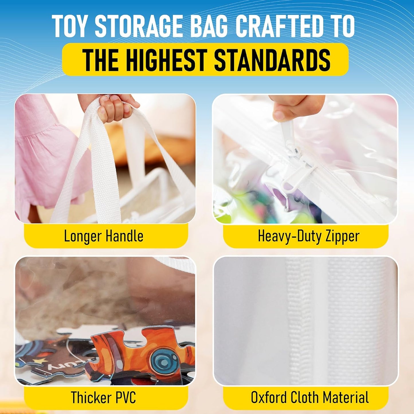 4pcs Large Toy Storage Clear Bags with Heavy Duty Zipper 𝟏𝟐"×𝟏𝟎"×𝟕" Plastic Bag with Handle, Toy Organizer for Kids Playroom, Puzzle, Blocks, Crafts, Stuffed Animal Storage (White)