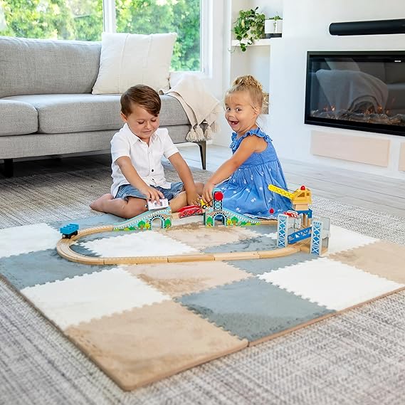 Interlocking Carpet Tiles Plush, Anti-Slip Foam Playmat for Kids (Brown, Gray, White)