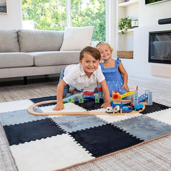 Plush Carpet Squares Puzzle Mat Interlocking Foam Tiles for Baby and Kids Play Area in (Black, Gray, and White)