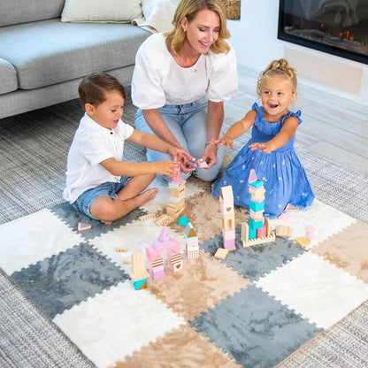 Interlocking Carpet Tiles Plush, Anti-Slip Foam Playmat for Kids (Brown, Gray, White)